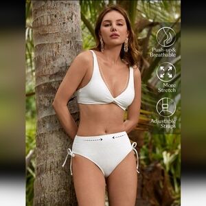 Textured Twist Front Adjustable Sides 2 Piece Bikini Set, XL (12), White